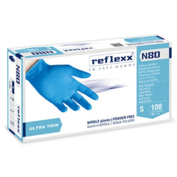 Manusi nitril nepudrate Reflexx N80 0.06 grosime, 24cm lungime, 100 manusi / cutie