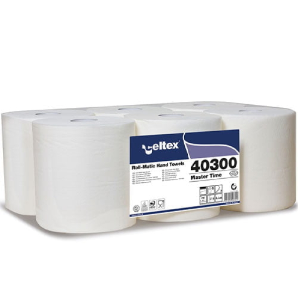 Rola prosop hartie autocut Celtex Master Time 40300, alb, 285m, 2 str, 6 role/bax, certificat Ecolabel, pentru dispensere CE92680, CE95420