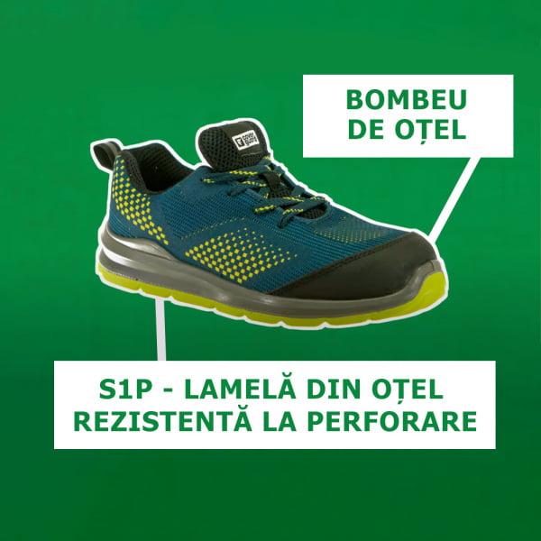Pantofi protectie usori, S1P, SRC, MILERITE, model sport, verde-galben, bombeu si lamela metalica, respirabilitate si confort, Coverguard