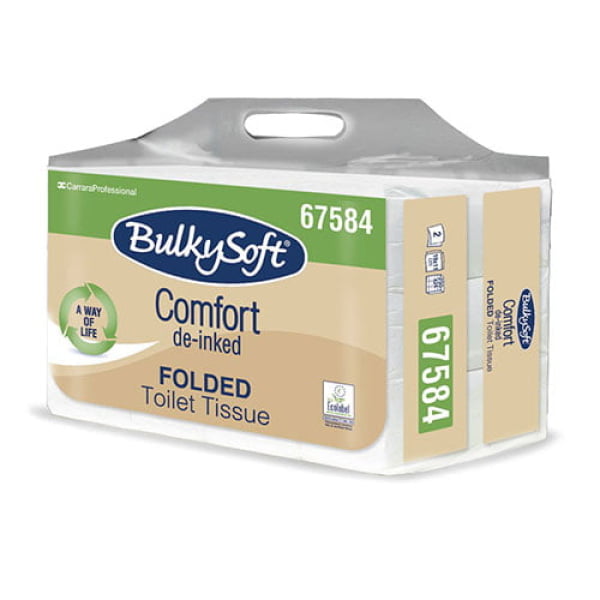 Hartie igienica intercalata Bulkysoft Comfort, Hostess, alba, hartie reciclata deinked 250 portii/pachet,19x11cm, 24 pachete/bax