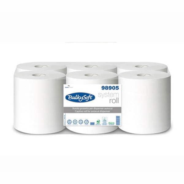Rola prosop de hartie autocut BULKYSOFT SYSTEM 98905, 2 straturi, alba, 200m, 6 role / bax, certificare PEFC, ECOLABEL, Food Contact