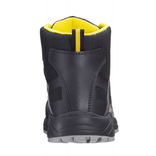Bocanci de protectie usori S3 SRC Aluni, negru-galben, cu bombeu si lamela anti-perforatie din compozit, model sport, impermeabili, flexibili, comozi si usori