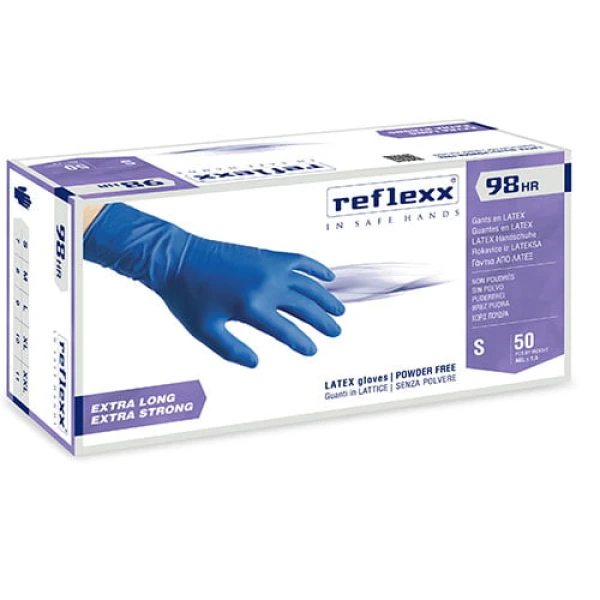 manusi_latex_r98_extralong_reflexx_r98 Manusi latex albastru R98, nepudrate, 0.33mm, lungime 30cm, 50 bucati/cutie
