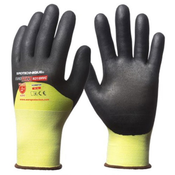 Manusi de protectie cu rezistenta la taiere 3/B, Hi-Viz, EUROCUT N318HVC, galben fluorescent, cu imersie 3/4 in nitril poros, aderente in mediu putin uleios, Coverguard