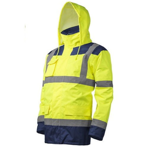 Haina de lucru pentru iarna, multifunctionala, HI-VIZ, 4 in 1, reflectorizanta, impermeabila, Kanata, galben/albastru inchis , cu maneci si gluga detasabile