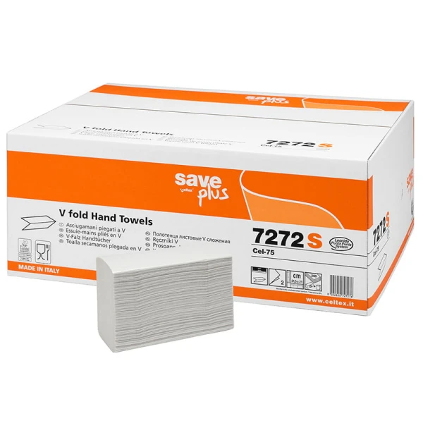 Prosoape pliate V Save Plus albe 7272S 2str 21.5x22cm, 200 servetele / pachet, 15 pachete/bax