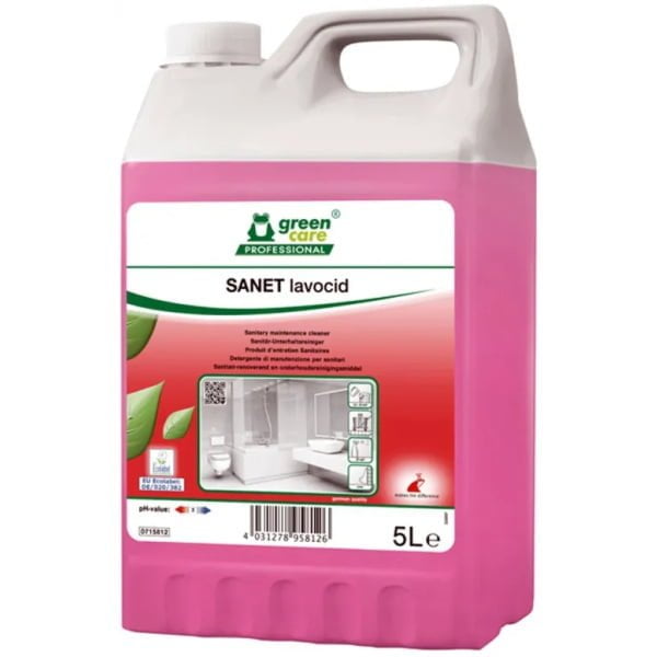 Detergent ECOLOGIC concentrat SANET Lavocid, Green Care, pentru spatii sanitare, bai si toalete, efect puternic de curatare a depunerilor de calcar, sapun, murdarie, 5l, certificat Ecolabel, CLP free, Complet Biodegradabil, Umweltzeichen,  dilutie 1%