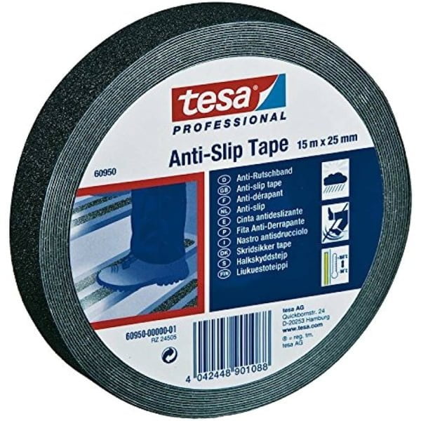 Banda antialunecare tesa®60950 rezistenta, pentru interior sau exterior, culoare neagra, latime 25 mm, lungime 15 metri
