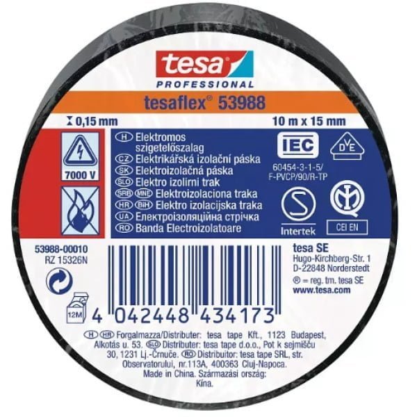 Banda electroizolatoare tesaflex® 53988, PVC, diverse culori, latime 15 mm, lungime 10 metri, pentru izolare si marcare electrica