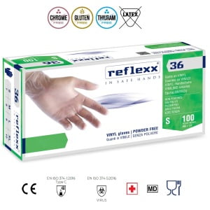 Manusi de vinil nepudrate, de unica folosinta, Reflexx 36, ambidextre, 100% fara latex, certificate pentru folosire in industria alimentara, si EU 2017/745 (MDR), EN 455 1,2,3 & 4, 100 buc/cutie