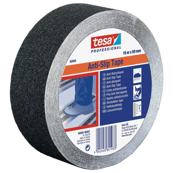 Banda antialunecare tesa®60950, rezistenta, pentru interior sau exterior, culoare neagra, latime 50 mm, lungime 15 metri