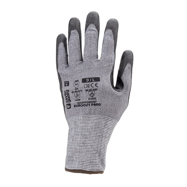 Manusi de protectie cu rezistenta la taiere F, protectie la temperatura 100°C pentru 15 sec, EUROCUT P600, gri, imersie PU, EN 388 : 4X44F, 10 perechi/pachet, Coverguard