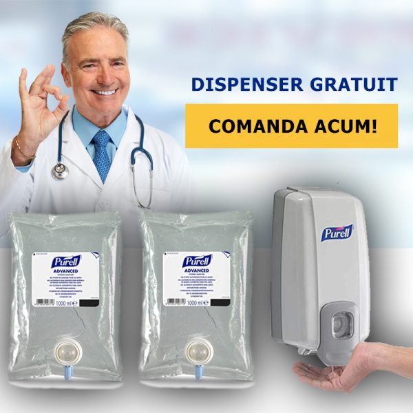 Pachet 2 rezerve gel dezinfectant pentru maini Purell Advanced NXT 1000 ml + Dispenser GRATUIT!
