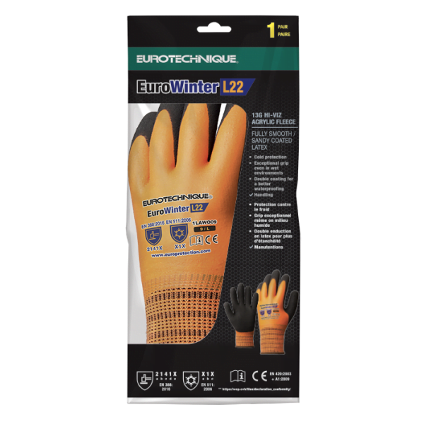 Manusi de protectie pentru iarna Hi-VIZ, EUROWINTER L22, portocaliu, imersie dubla in latex, impermeabile, aderente, captusite, mediu umed/uscat