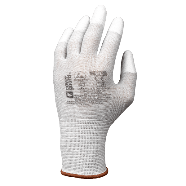 Manusi de protectie ESD cu imersie PU pe degete, EUROLITE EST80, gri, din poliester si fibra de carbon, certificate EN 16350:2014, Coverguard