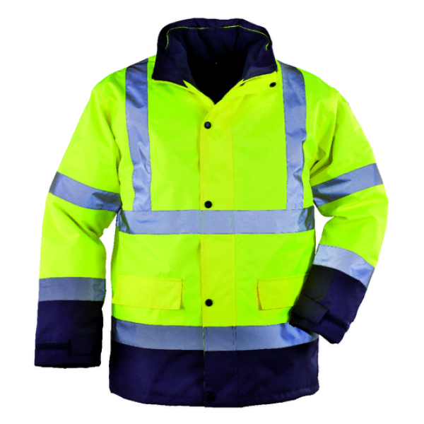 Haina de lucru pentru iarna, HI-VIZ, 4 in 1, reflectorizanta, multifunctionala, impermeabila, ROADWAY 4IN1, galben-albastru inchis, jacheta detasabila, geaca de iarna si vesta