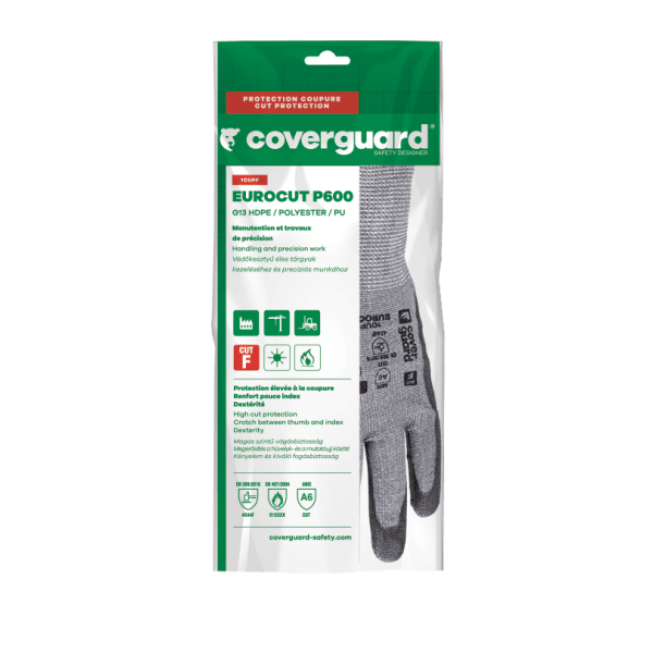 Manusi de protectie cu rezistenta la taiere F, protectie la temperatura 100°C pentru 15 sec, EUROCUT P600, gri, imersie PU, EN 388 : 4X44F, 10 perechi/pachet, Coverguard