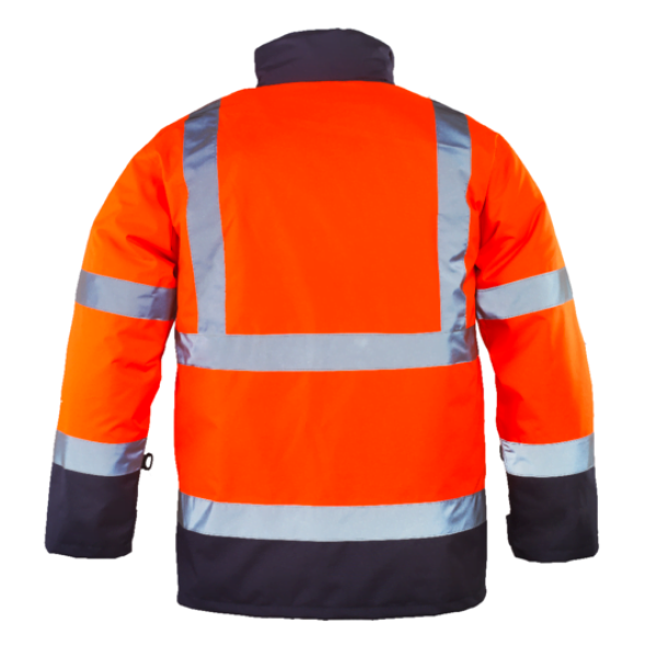 Haina de lucru pentru iarna, HI-VIZ, 4 in 1, reflectorizanta, multifunctionala, impermeabila, ROADWAY 4IN1, portocaliu-albastru inchis, jacheta detasabila, geaca de iarna si vesta