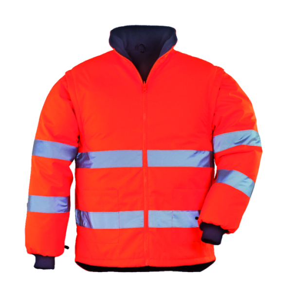 Haina de lucru pentru iarna, HI-VIZ, 4 in 1, reflectorizanta, multifunctionala, impermeabila, ROADWAY 4IN1, portocaliu-albastru inchis, jacheta detasabila, geaca de iarna si vesta