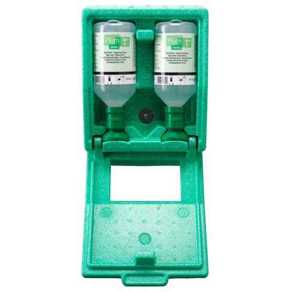 Statie cu solutie clatit ochii PLUM, 2x 0,5 l, fixare perete, din polistiren rezistent la socuri, cu oglinda