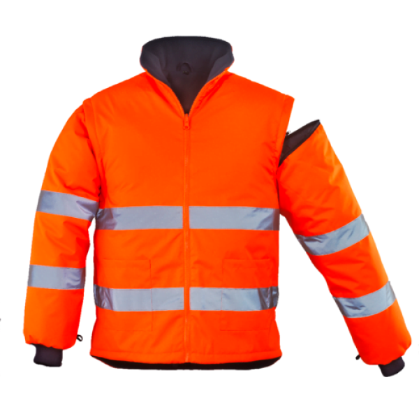 Haina de lucru pentru iarna, HI-VIZ, 4 in 1, reflectorizanta, multifunctionala, impermeabila, ROADWAY 4IN1, portocaliu-albastru inchis, jacheta detasabila, geaca de iarna si vesta
