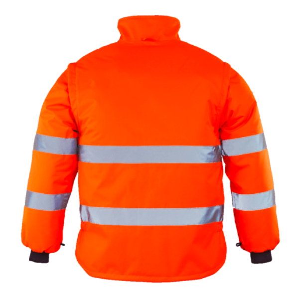 Haina de lucru pentru iarna, HI-VIZ, 4 in 1, reflectorizanta, multifunctionala, impermeabila, ROADWAY 4IN1, portocaliu-albastru inchis, jacheta detasabila, geaca de iarna si vesta