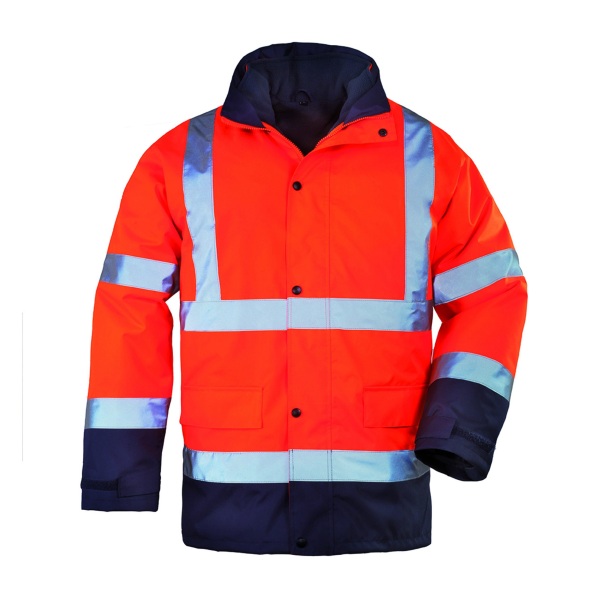 Haina de lucru pentru iarna, HI-VIZ, 4 in 1, reflectorizanta, multifunctionala, impermeabila, ROADWAY 4IN1, portocaliu-albastru inchis, jacheta detasabila, geaca de iarna si vesta