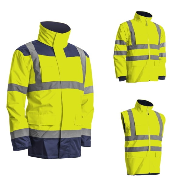 Haina de lucru pentru iarna, multifunctionala, HI-VIZ, 4 in 1, reflectorizanta, impermeabila, Kanata, galben/albastru inchis , cu maneci si gluga detasabile