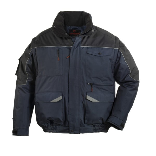 Jacheta RIPSTOP 2/1, geaca cu maneci detasabile, albastru inchis/negru, rezistenta la rupere, dungi decorative reflectorizante, protectie impotriva umezelii, frigului si vantului