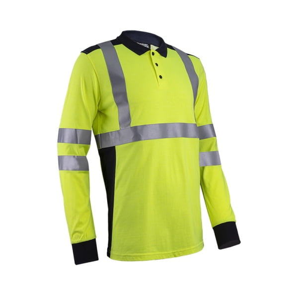 Tricou Polo Multirisc Hi-Viz, cu maneca lunga, EKHI, galben HV, albastru inchis, complet ignifug, benzi reflectorizante de 5 cm, EN 1149-5, EN 11612, EN 20471, Coverguard
