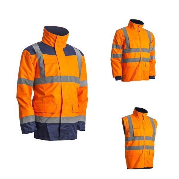 Haina de lucru pentru iarna, multifunctionala, HI-VIZ, 4 in 1, reflectorizanta, impermeabila, Kanata, portocaliu/albastru inchis , cu maneci si gluga detasabile