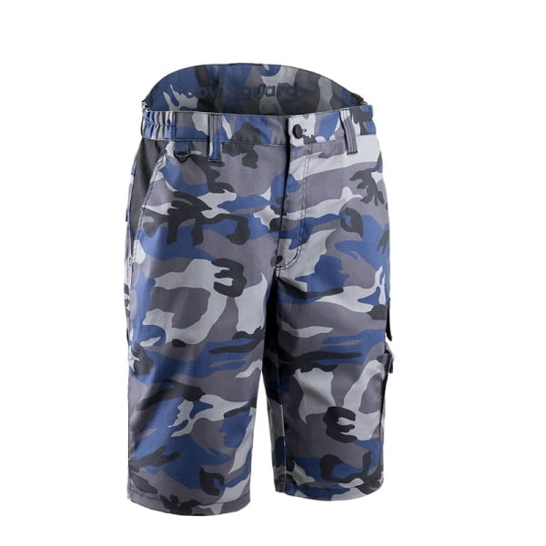 Pantaloni de lucru scurti, tip bermude, KAMMO, albastri, imprimeu camuflaj, rezistenti, cusaturi triple, spate inaltat, buzunare multiple, Coverguard