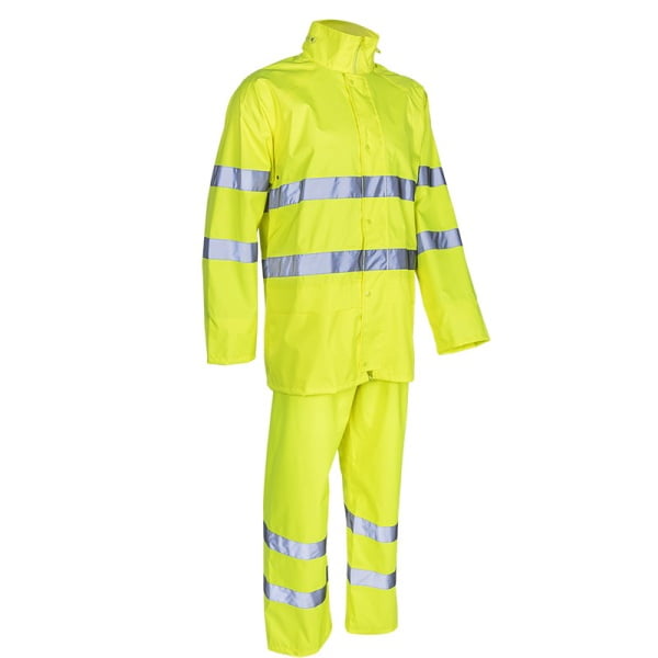 Costum impermeabil, Hi-Viz, pentru ploaie si vant, Kawa, galben HV, compus din jacheta si pantaloni talie, benzi reflectorizante orificii de ventilatie, Coverguard