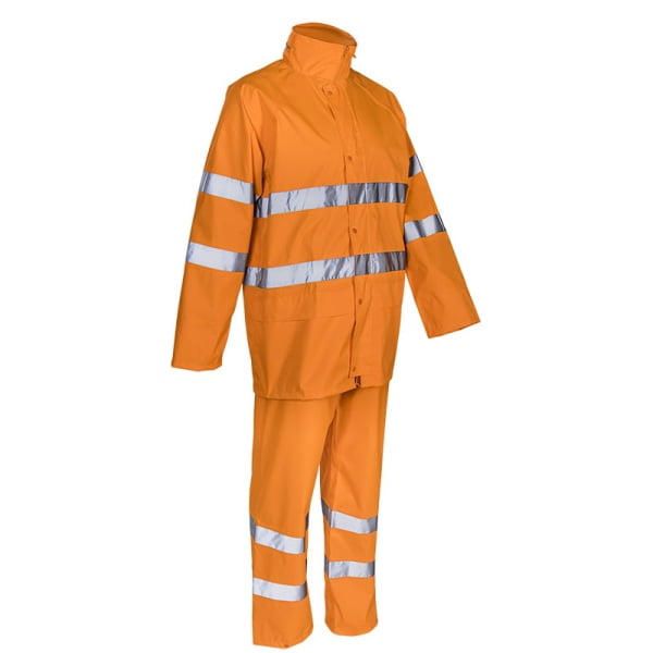 Costum impermeabil, Hi-Viz, pentru ploaie si vant, Kawa, portocaliu HV, compus din jacheta si pantaloni talie, benzi reflectorizante orificii de ventilatie, Coverguard