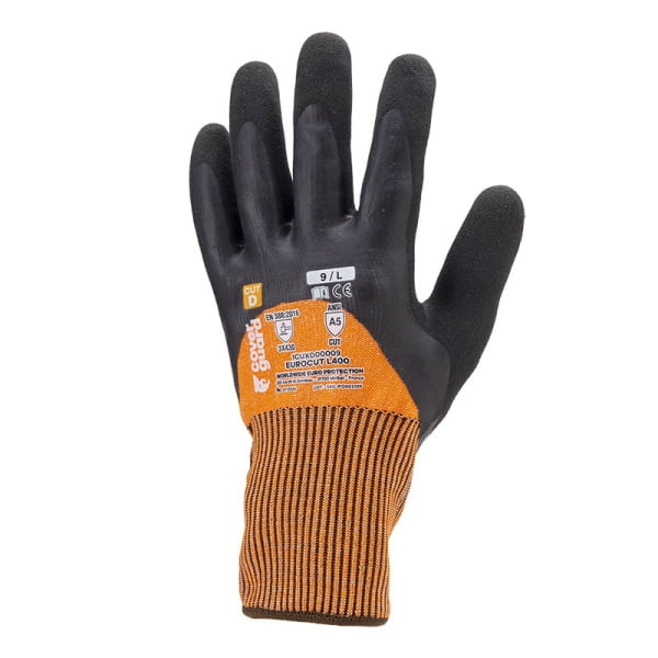 Manusi de protectie Hi-VIZ, cu rezistenta la taiere D, Eurocut L400, negru-portocaliu, dubla imersie de latex, aderenta in mediu uscat, ud, uleios, flexibile, forma ergonomica