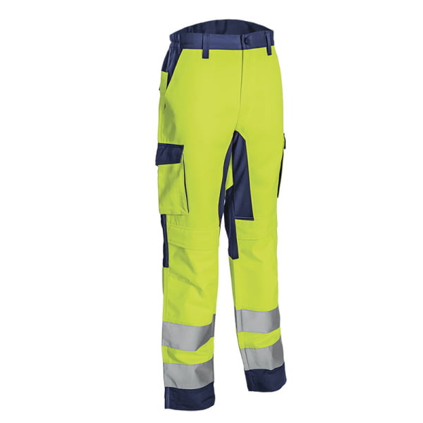 Pantaloni de lucru talie HIBANA, Hi-Viz, Clasa 2, galben/albastru inchis, 60%bumbac, 40% poliester, insertii elastice, benzi reflectorizante