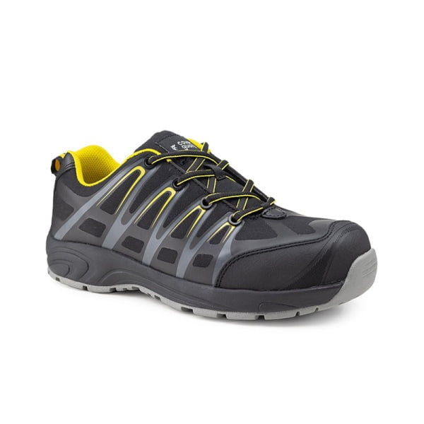Pantofi de protectie usori S3 SRC Aluni, negru-galben, cu bombeu si lamela anti-perforatie din compozit, model sport, impermeabili, flexibili, comozi si usori