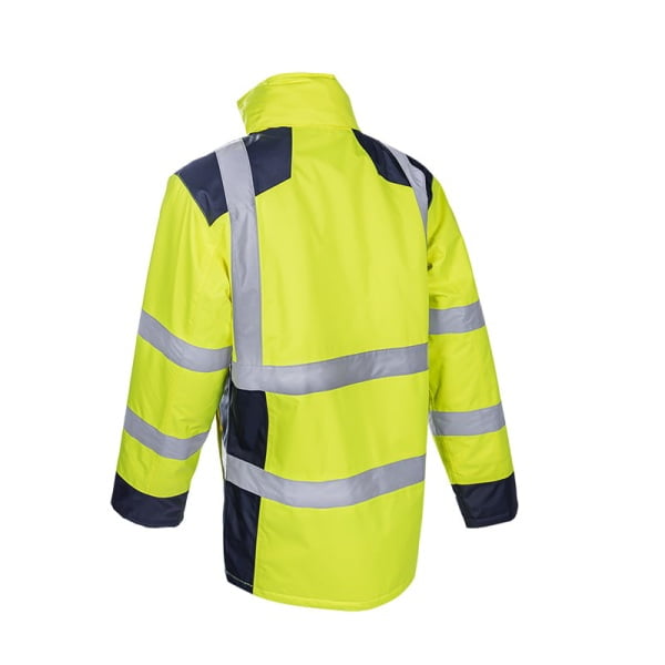 Geaca de iarna, impermeabila, HI-Viz, SOKOBIE, galben-albastru, cu captuseala Sorona, protectie la temperaturi scazute, ploaie si vant, benzi reflectorizante