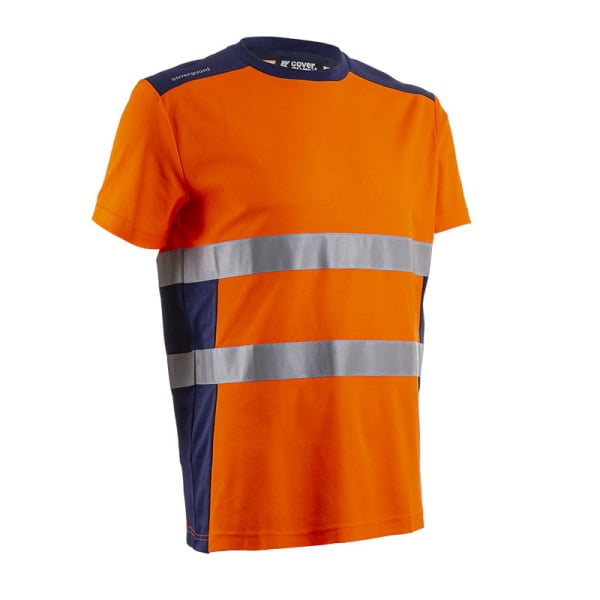 Tricou cu maneca scurta Hi-Viz, protectie UV, Nekki,portocaliu Hv-albastru inchis, cu tratament anti-UV – UPF35+, benzi reflectorizante, Coverguard