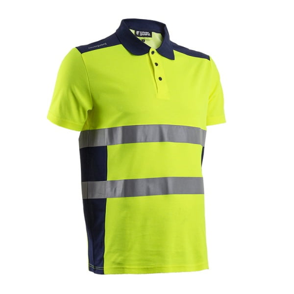 Tricou de lucru Hi-Viz, tip Polo, cu maneca scurta, OKI, galben/bleumarin, 55% bumbac , 45% poliester, 150g/m², anti UV, UPF 35+, Coverguard