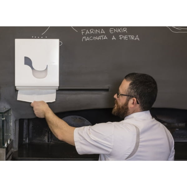 Dispenser  pentru lavete industriale din hartie Omnia Labor, cu tratament antimicrobial, din plastic rezistent ABS