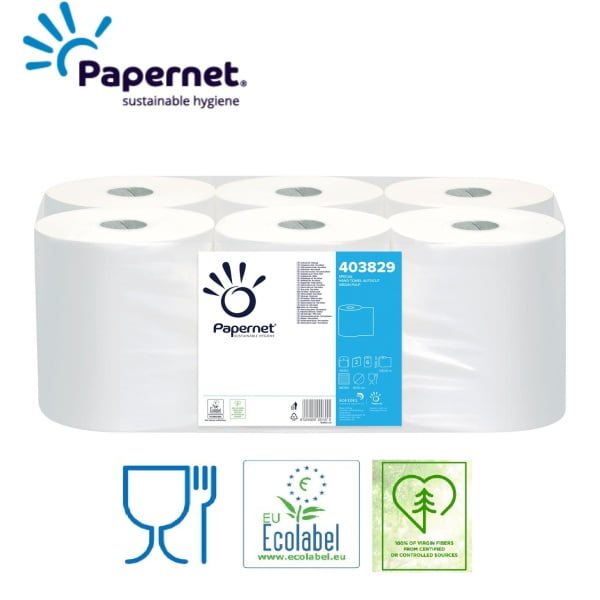 Rola prosop hartie autocut, Papernet 403829, alba, 2 straturi, celuloza pura, 140m, 6 role/bax, certificat pentru industria alimentara, Food Contact