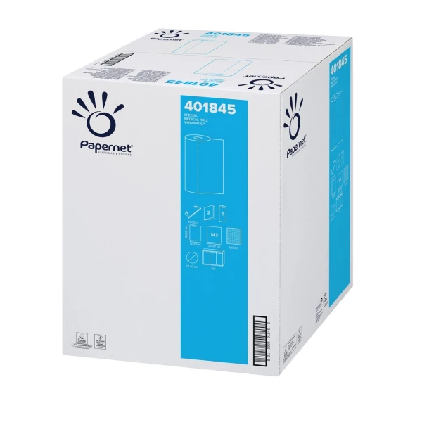 Rola medicala alba Papernet 401845, 2 straturi, celuloza pura, 50m, 49.2 latime,  lungime portie 35 cm, 143 portii/rola, 9 role/bax, pentru domeniul medical, cosmetic