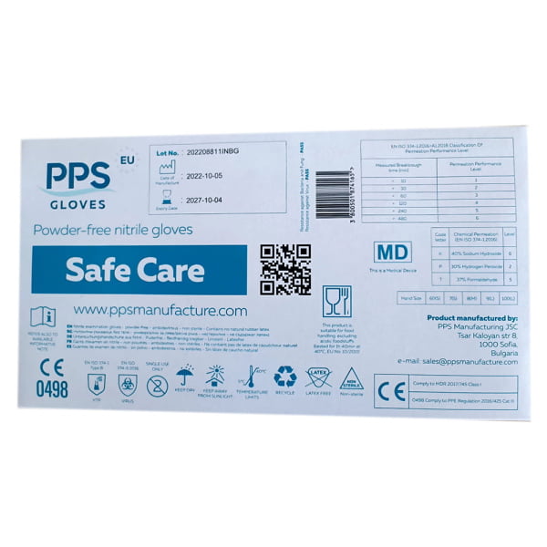 Manusi nitril de unica folosinta Safe Care albastre nepudrate, 0,07mm, 100 buc/cutie, produse in UE