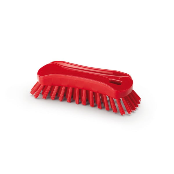 Perie de mana, 18 x 6.5 cm, ergonomica, duritate ridicata, rosie, rezistenta la 130 °C, pentru industria alimentara, certificata HACCP