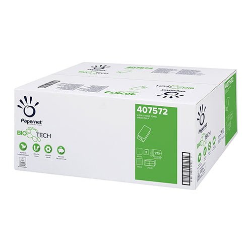 Prosoape de hartie impaturite V BioTech 407572 , albe, 2 straturi, 210 portii/pachet, 21x22cm, 25 pachet/bax