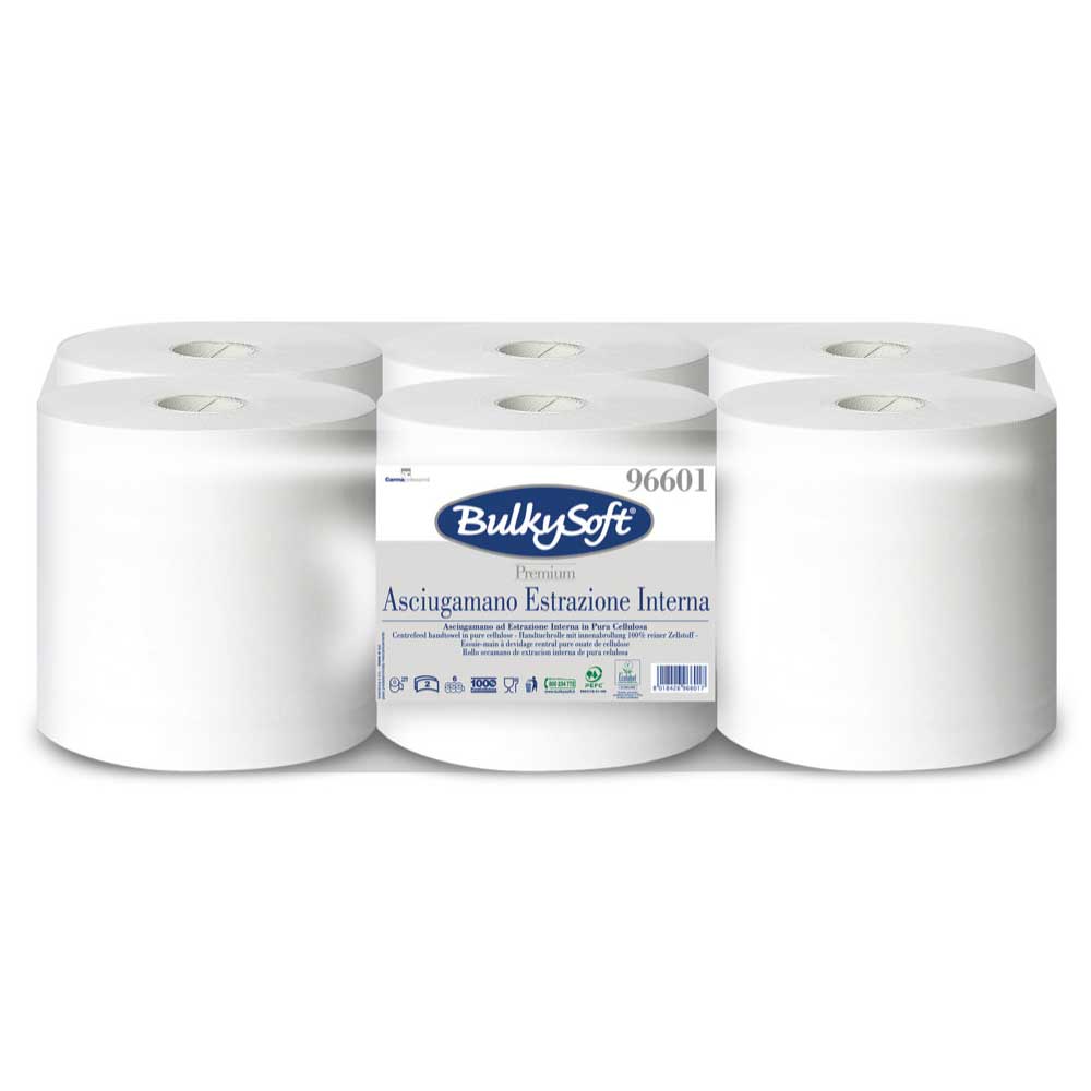 Rola prosop cu derulare centrala, 2 straturi, alb, celuloza 100%, 150 m, 396 portii, certificata Food Contact, Ecolabel, Bulkysoft Premium 96601