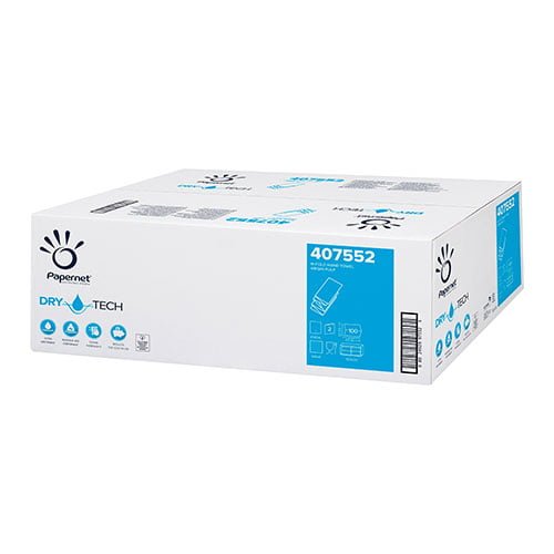 Prosoape de hartie impaturite W DryTech 407552 , albe, 2 straturi, 100 portii/pachet, 32x20.3 cm, 20 pachete/bax
