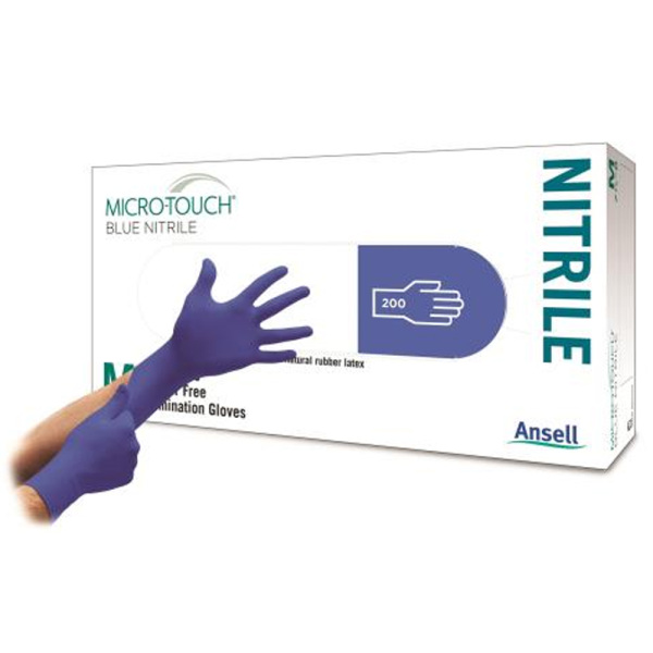 Manusi din nitril, albastre, nepudrate, 200 manusi / cutie, lungime 240 mm, grosime 0.07mm palma / 0.09mm degete, degete texturate,  Ansell MICRO-TOUCH® Blue Nitrile