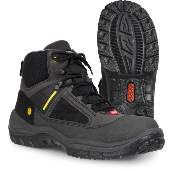 Bocanci până la gleznă din piele acoperită cu pu, material textil,  încălţăminte de protecţie bombeu aluminiu jalas grip 3150 trek grip, protecție s2,hro,srb, mărimi 36 – 47, culoare negru,gri,galben